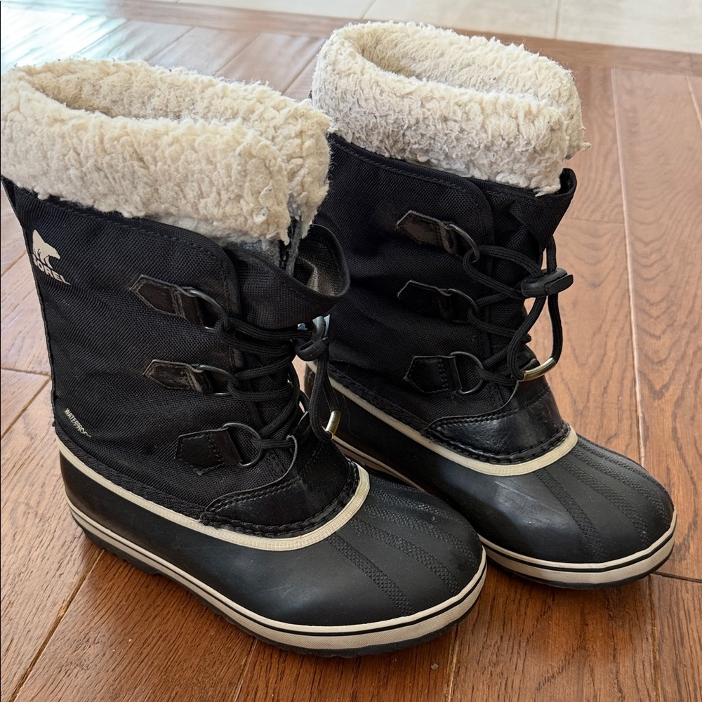 Sorel Black Kids Snow Boots with White Trim